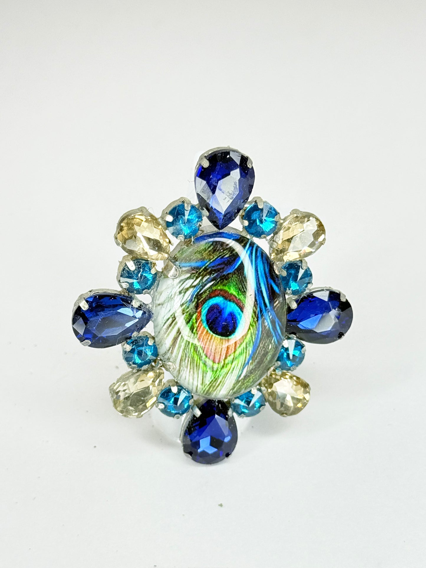 Blue & Smoked Topaz Peacock Cameo Ring
