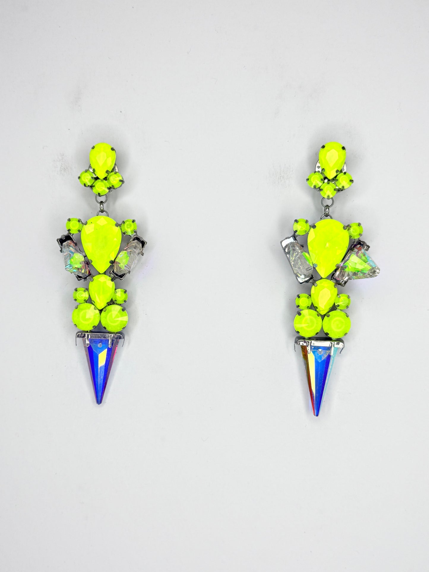 Neon Yellow 3-D Crystal AB Spike Earrings - Medium Size