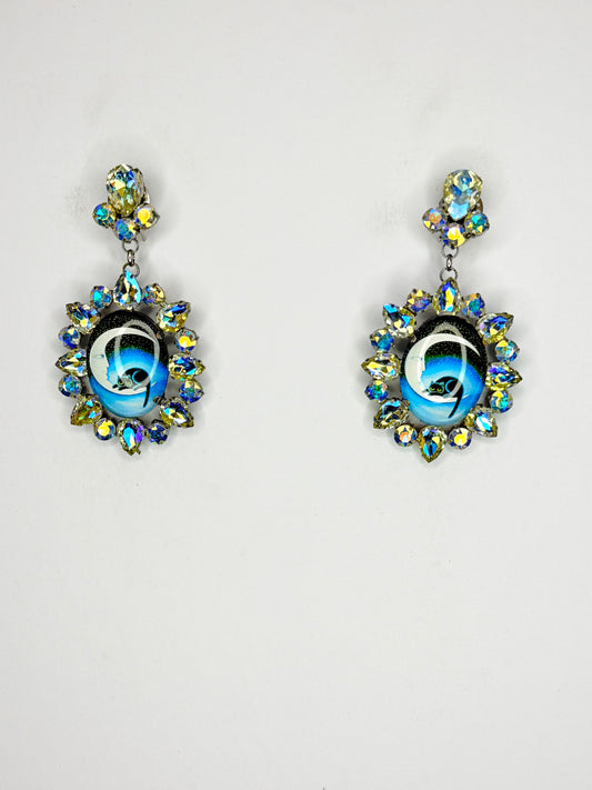 Light Blue & Bluebase AB Cat Cameo Earrings - Medium Size