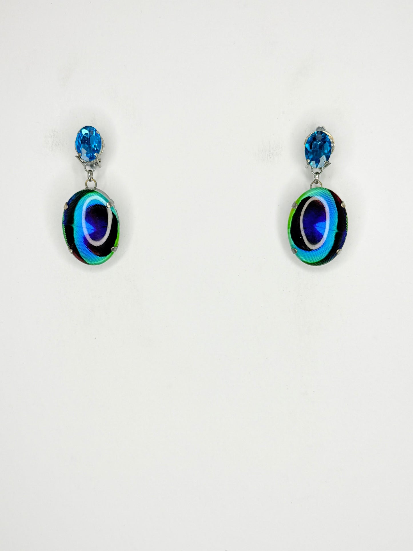 Aqua Blue Peacock Feather Cameo Earrings - Small Cocktail Size