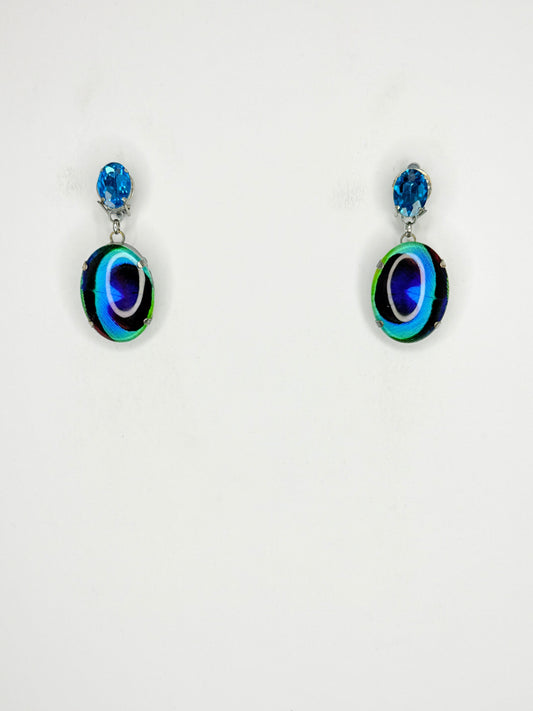 Aqua Blue Peacock Feather Cameo Earrings - Small Cocktail Size