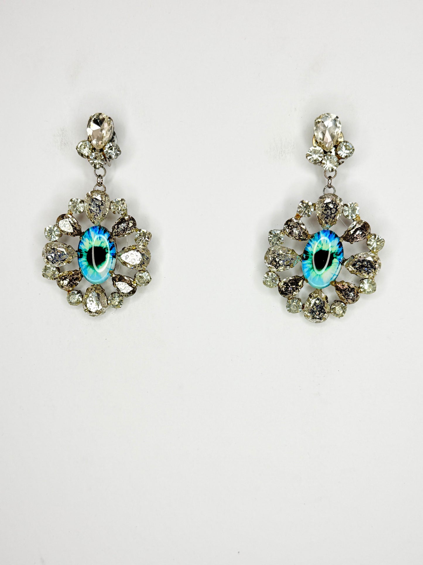 Aqua & Clear Patina Eyeball Earrings - Medium Size