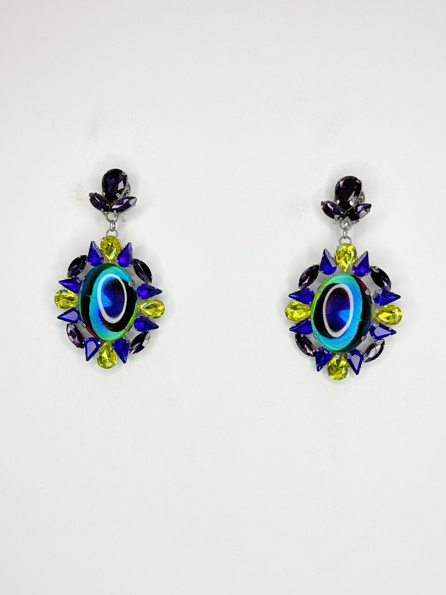 Cobalt Peacock Feather Cameo Earrings - Medium Size