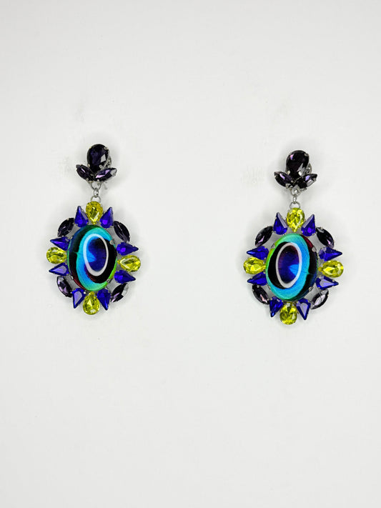 Cobalt Peacock Feather Cameo Earrings - Medium Size