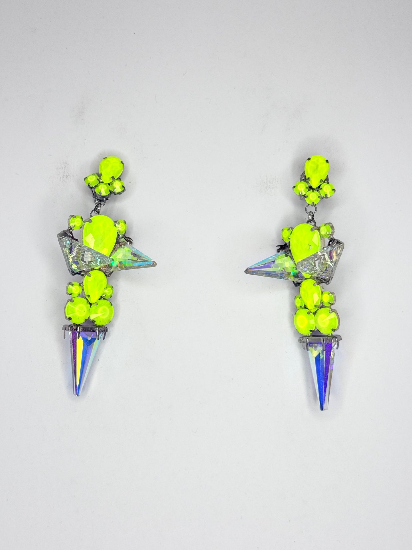 Neon Yellow 3-D Crystal AB Spike Earrings - Medium Size