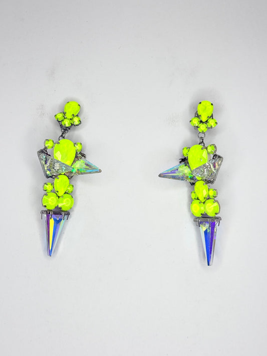 Neon Yellow 3-D Crystal AB Spike Earrings - Medium Size